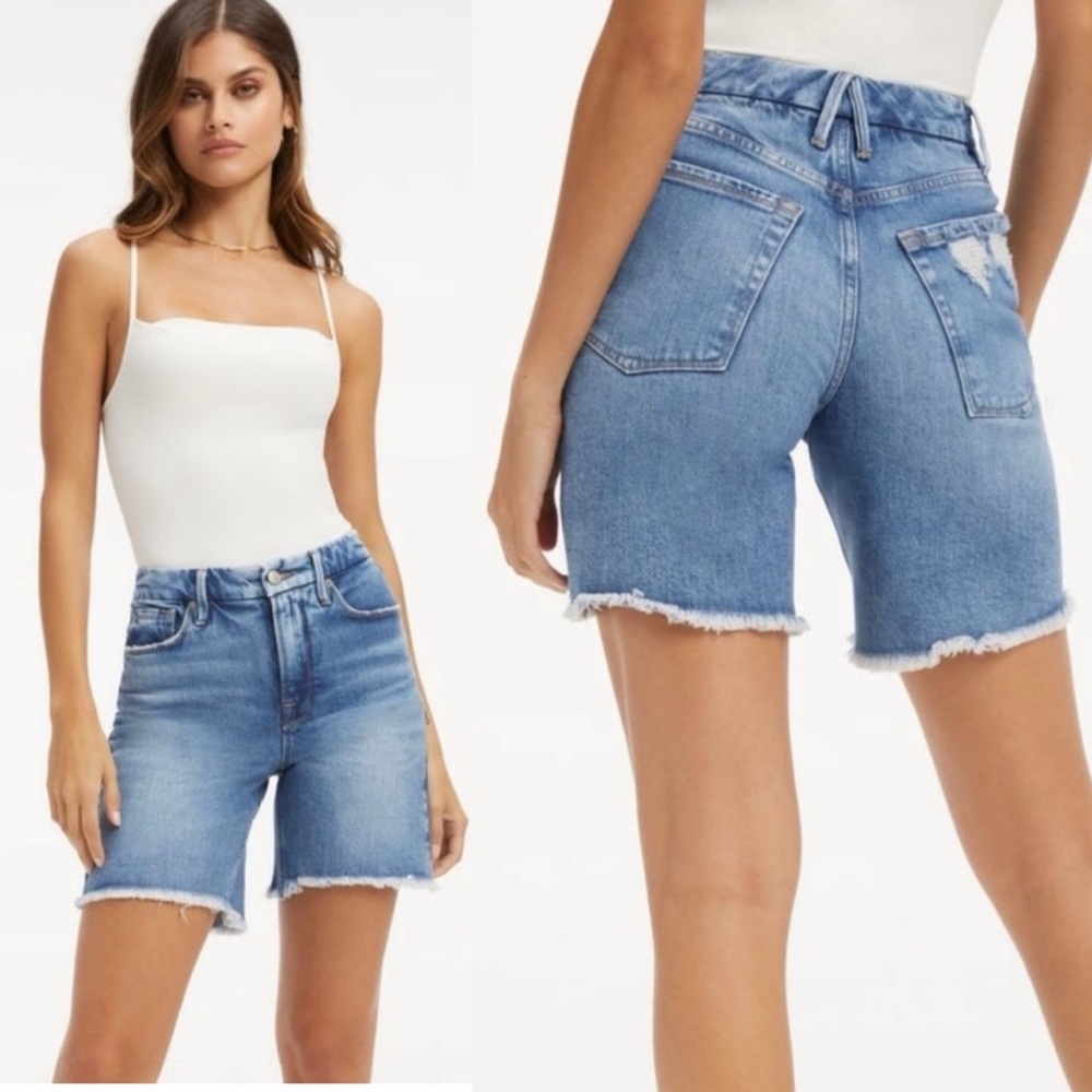 Good American Light Blue Frayed Hem Denim Jean Shorts
